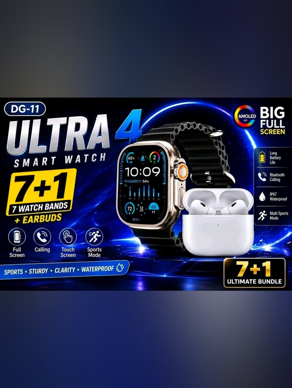 Ultra 4 Smart Watch Combo - Black Watch, White Earbuds + 7 Bands